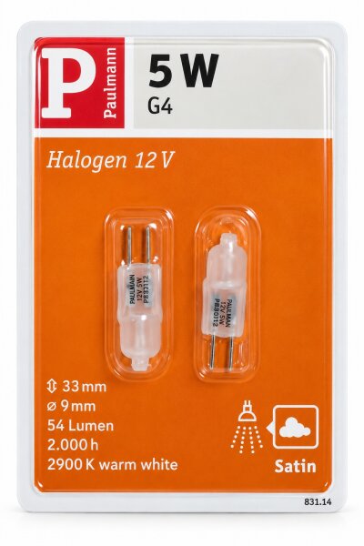 Paulmann 831.14 Halogen Stiftsockel 2x5W G4 12V Satin 54lm 2900K dimmbar