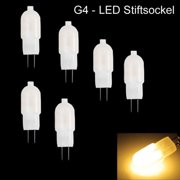 6 St&uuml;ck LED Niedervolt mini Stiftsockel 1,2W Leuchtmittel G4 Sockel Fassung