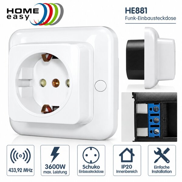 Home Easy HE881 Funk-Einbausteckdose Unterputz Schuko 3600W 433,92 MHz