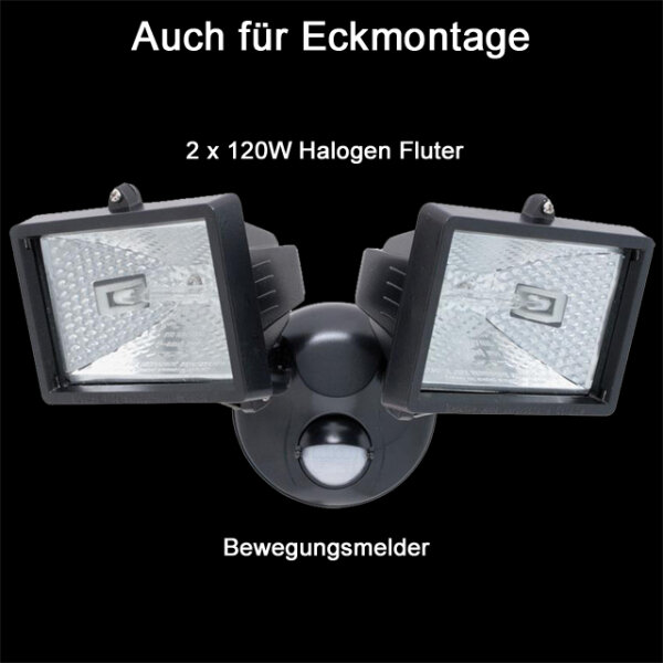 Elro ES120/2 Eco-Halogen Doppel-Außenstrahler mit Bewegungsmelder 2x120W Schwarz