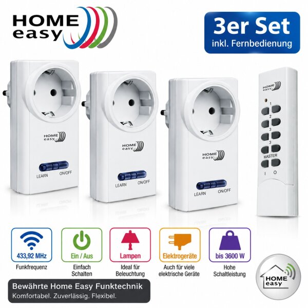 3x Home Easy HE877 Funksteckdose 3600W Weiß + HE844A Fernbedienung