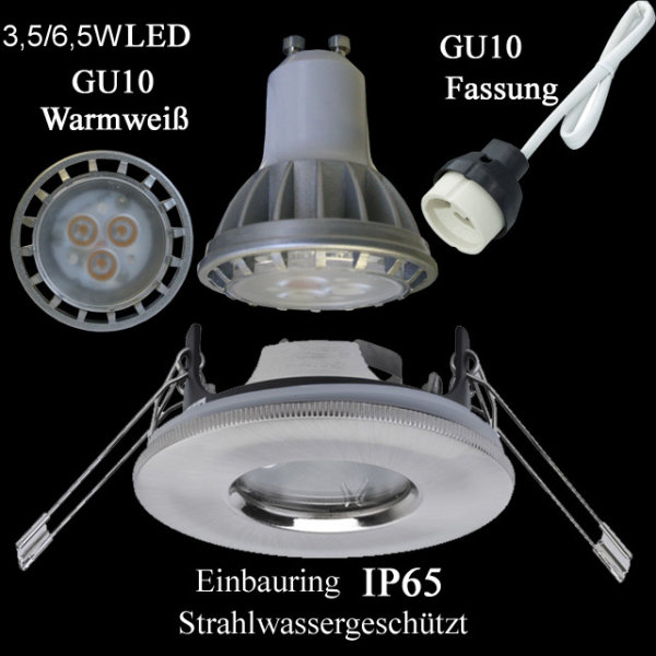3x 6,5W LED IP65 Alu Einbauleuchten Rostfrei Spritzwasser Schutz Bad Dusche WEI&szlig;