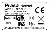 Prasa AEO-3612 Trafo 36VA 12V AC IP65 Netzteil mit Schraubanschluss