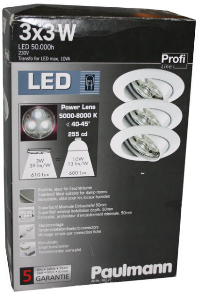 Paulmann Profi Line LED Einbauleuchten-Set 3x3W Weiß Feuchtraum 987.27